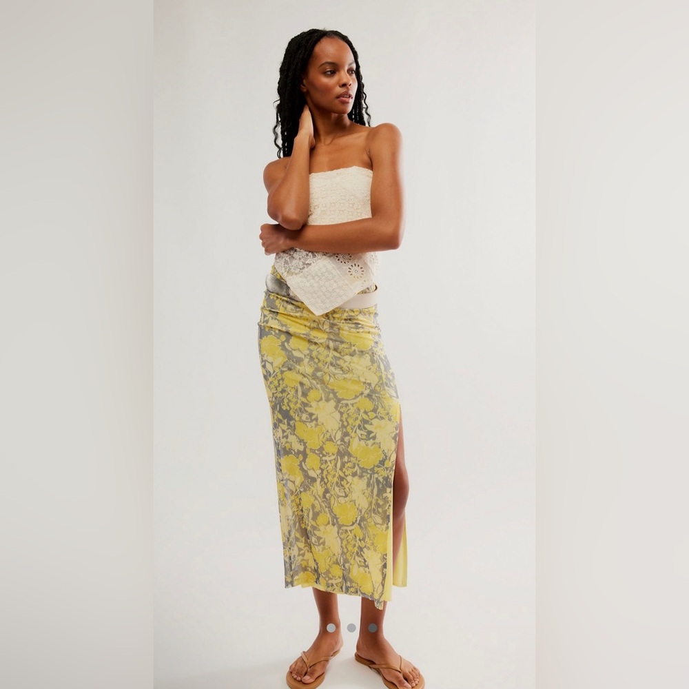 Free People Rosalie Mesh Midi Skirt in Black Combo - Floral NEW